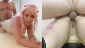 Tattooed model wearing skirt playing with Preston Phillips