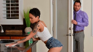 Cowgirl sex on sofa next to tattooed brunette Honey Gold