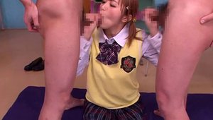 Young schoolgirl closeup stroking in classroom