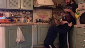 Homegrown Video - Busty couple dick sucking in the kitchen HD