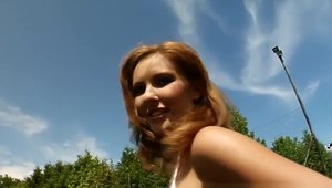 Too cute girl receiving facial cum loads in public